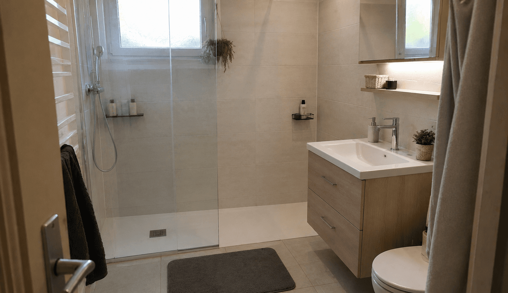 Douche de plain-pied moderne avec accès facilité
